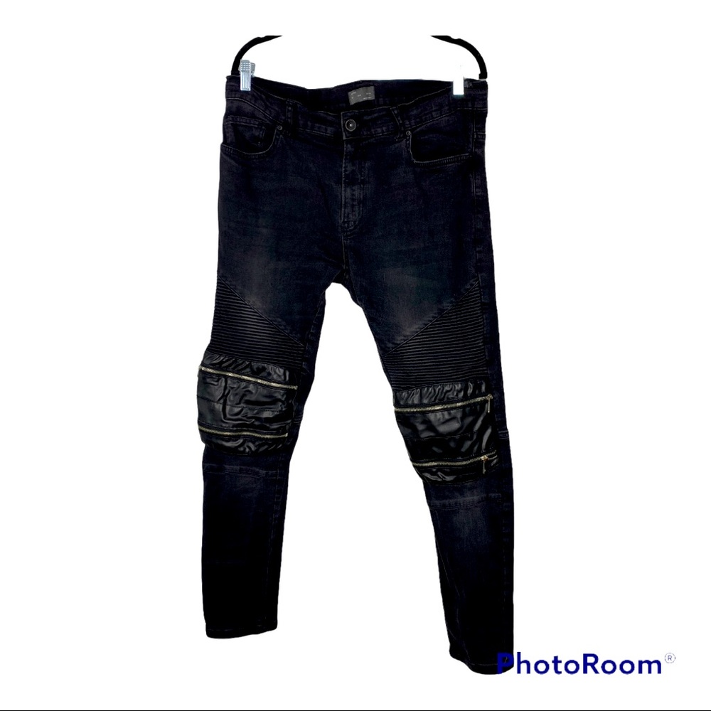 Mens black zipper motorcycle style denim jeans ZARA